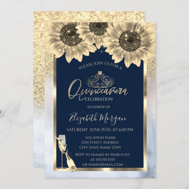 Glitter,Sunflowers, Tiara Mettalic  Quinceanera Invitation (Front/Back)