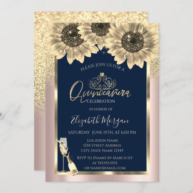 Glitter,Sunflowers, Tiara Rose Gold Quinceanera Invitation (Front/Back)