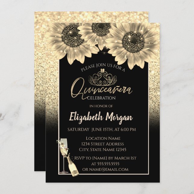 Glitter, Sunflowers,Wine Glass Tiara Quinceanera Invitation (Front/Back)