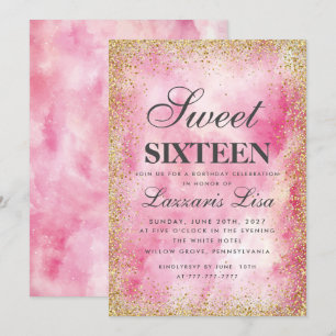 Glitter Sweet 16 Pink watercolor Birthday Invitation