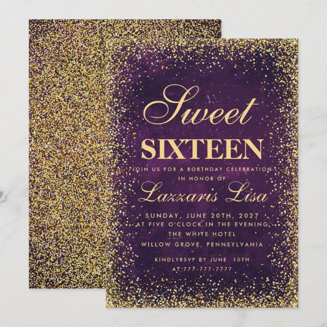Glitter Sweet 16 Purple Watercolor Birthday Invitation (Front/Back)