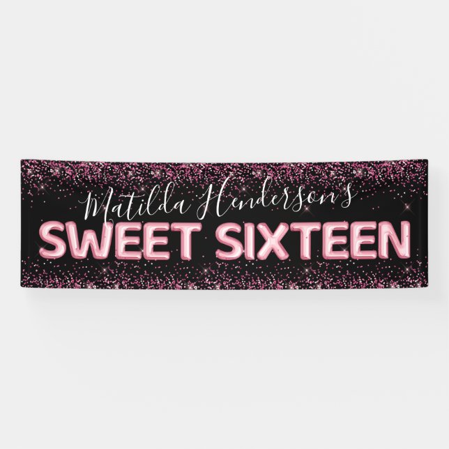 Glitter Sweet Sixteen 16th Birthday Party Banner (Horizontal)