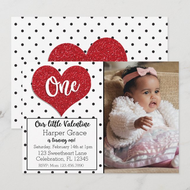 Glitter Sweetheart Valentines Photo First Birthday Invitation (Front/Back)