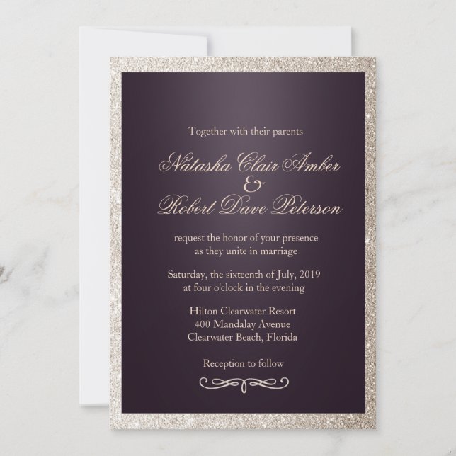Glitter Taupe Beige Purple Modern Chic Wedding Invitation (Front)