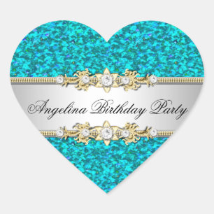 Glitter Teal Birthday Party Gold Jewel Diamond Heart Sticker