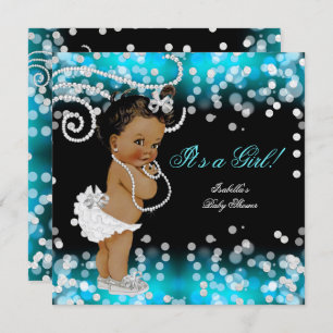 Glitter Teal Blue Black Girl Baby Shower Ethnic Invitation