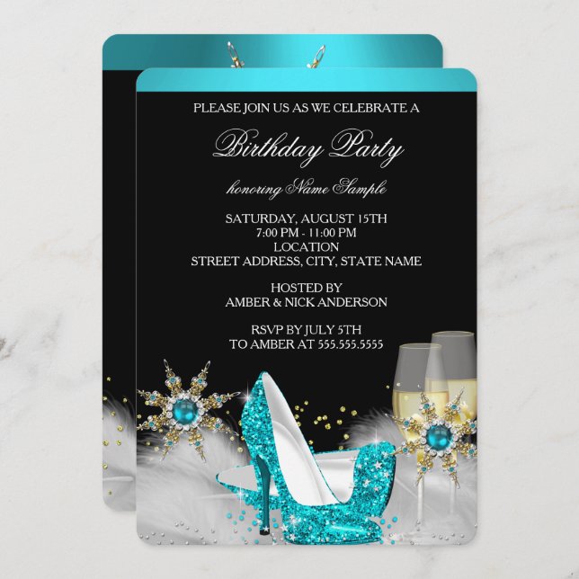 Glitter Teal Blue High Heel Black Gold Champagne Invitation (Front/Back)