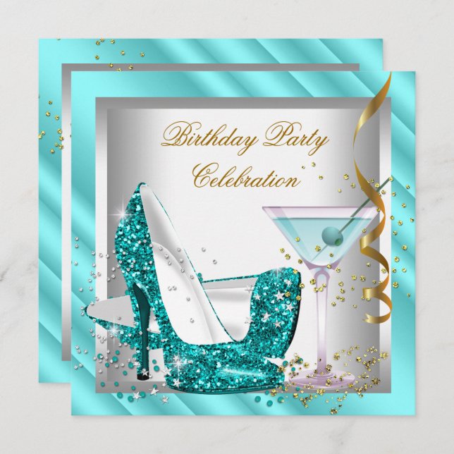 Glitter Teal Blue High Heel Shoes Gold Birthday 2 Invitation (Front/Back)