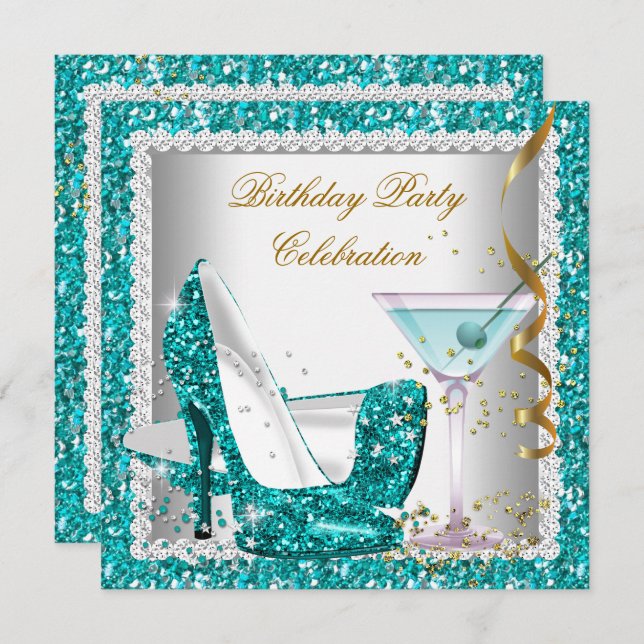 Glitter Teal Blue High Heel Shoes Gold Martini 2 Invitation (Front/Back)