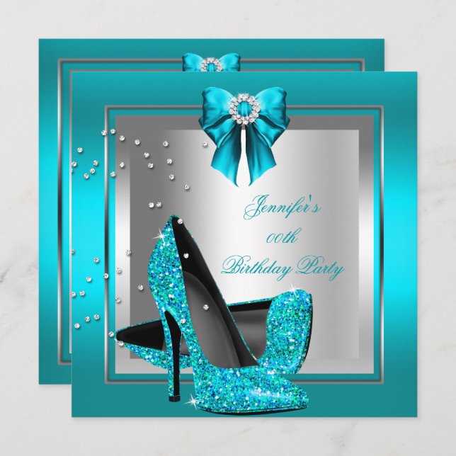 Glitter Teal Blue High Heel Silver Birthday Party Invitation (Front/Back)