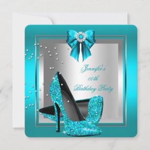 Glitter Teal Blue High Heel Silver Birthday Party Invitation