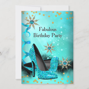 Glitter Teal Blue High Heels Birthday Party Invitation