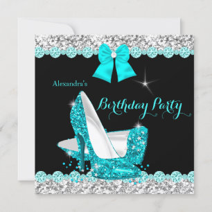 Glitter Teal Blue High Heels Silver Birthday Party Invitation