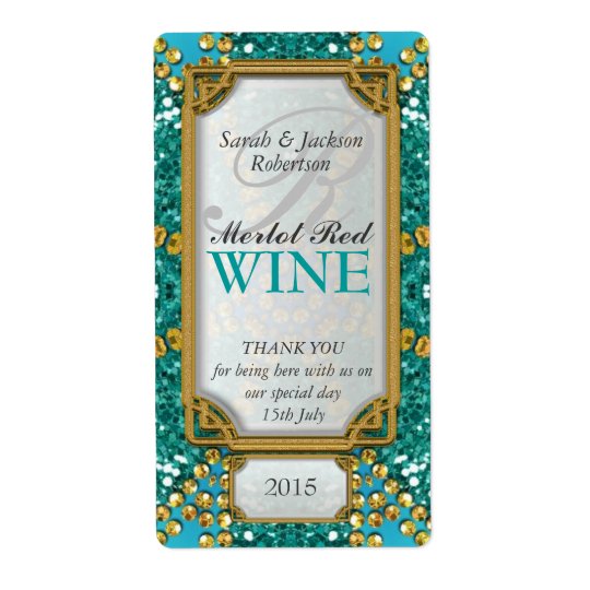 Glitter Teal Gold Custom Wine Bottle Labels