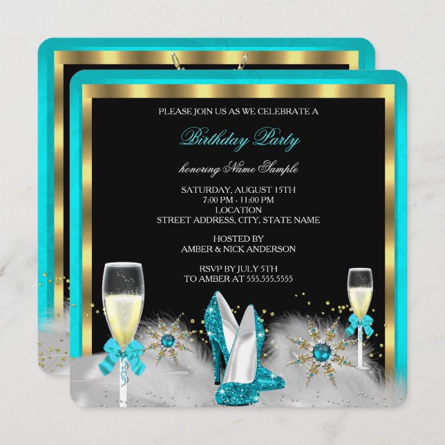 Glitter Teal High Heels Black Gold Champagne Invitation (Front/Back)