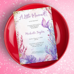 Glitter Teal Little Mermaid Summer Girl Baby Invitation