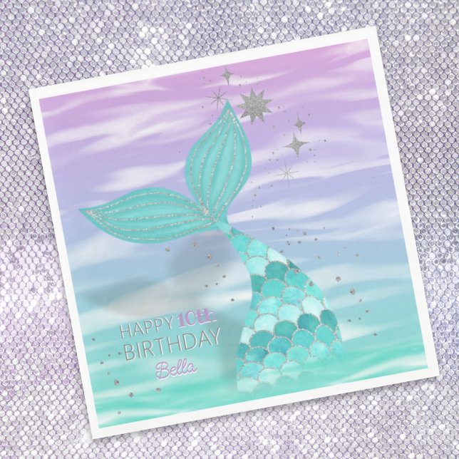 Glitter Teal Mermaid Happy Birthday Name & Any Age Napkin (Creator Uploaded)