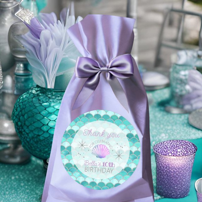 Glitter Teal Mermaid Scales Birthday Thank You Classic Round Sticker (Creator Uploaded)