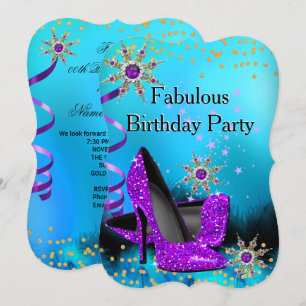 Glitter Teal Purple High Heels Birthday Party 2 Invitation