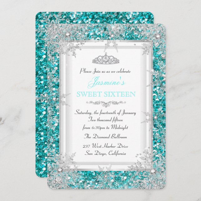 Glitter Teal Silver Winter Wonderland Sweet 16 Invitation (Front/Back)