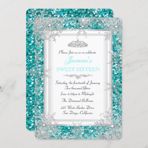 Glitter Teal Silver Winter Wonderland Sweet 16 Invitation