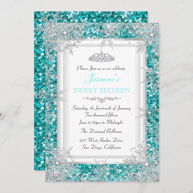 Glitter Teal Silver Winter Wonderland Sweet 16 Invitation (Front/Back)