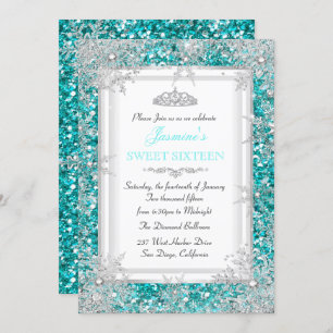 Glitter Teal Silver Winter Wonderland Sweet 16 Invitation