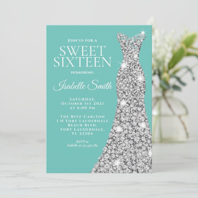 Glitter Teal Sweet Sixteen Birthday Invitation (Standing Front)