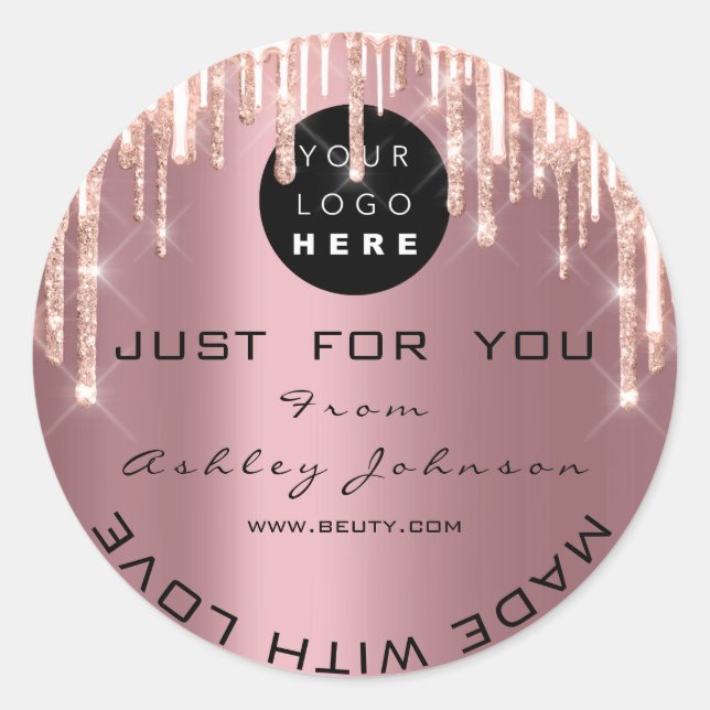 Glitter Thank Logo Rose Drips Made With Love Pinky Classic Round Sticker (Front)