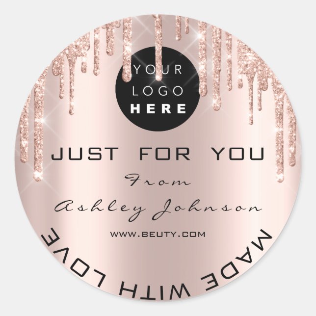 Glitter Thank Logo Rose Gold Made With Love Classic Round Sticker (Front)