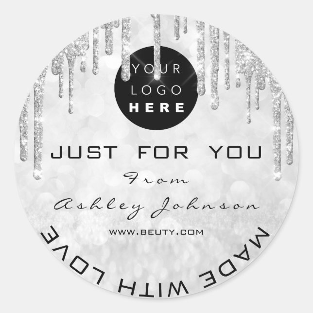 Glitter Thank You Logo Made With Love Silver Grey Classic Round Sticker (Front)