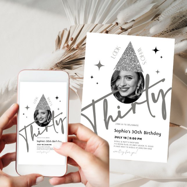 Glitter Thirty 30th Birthday Invitation with Photo (Creator Uploaded)