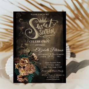 Glitter Tiara Brown Roses Gothic Sweet 16 Invitation
