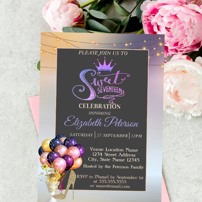 Glitter Tiara,Coctail,Balloons Sweet 17 Birthday Invitation (Creator Uploaded)