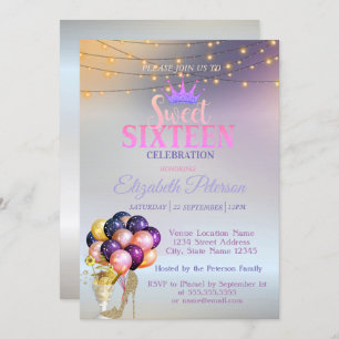 Glitter Tiara,Coctail, Silver Sweet 16 Party Invitation