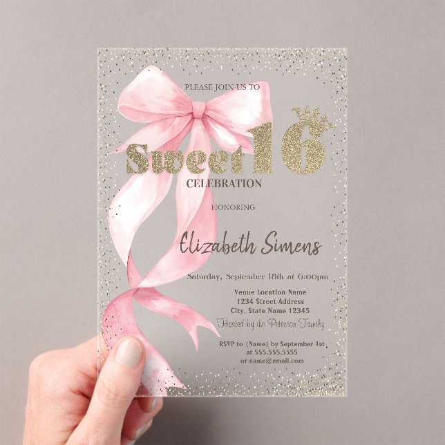 Glitter Tiara,Confetti,Pink Bow Sweet 16 Acrylic Invitations (Insitu (Handheld))
