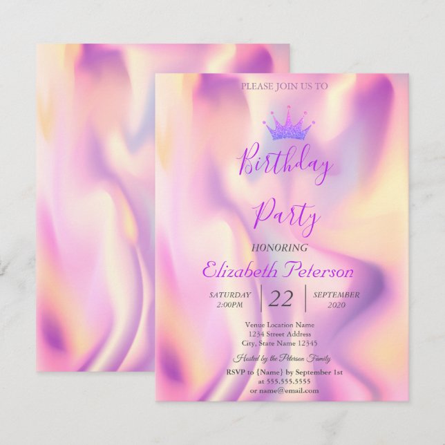Glitter Tiara Holographic Birthday  Invitation (Front/Back)
