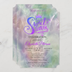 Glitter Tiara Holographic Pearl Sweet 16 Party Invitation