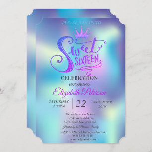 Glitter Tiara Holographic Sweet 16 Party Invitation