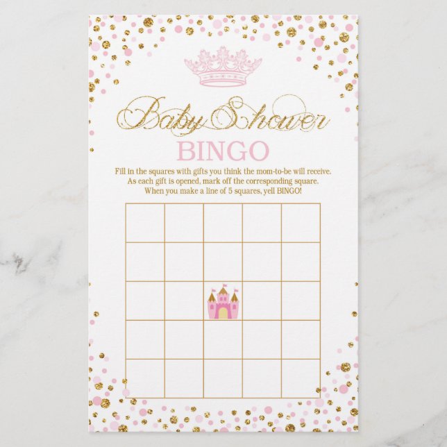 Glitter Tiara Royal Princess Baby Shower Bingo (Front)