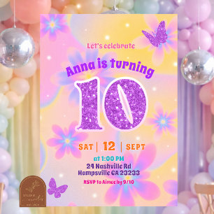 Glitter Tie Dye Girl 10th Birthday Invitation