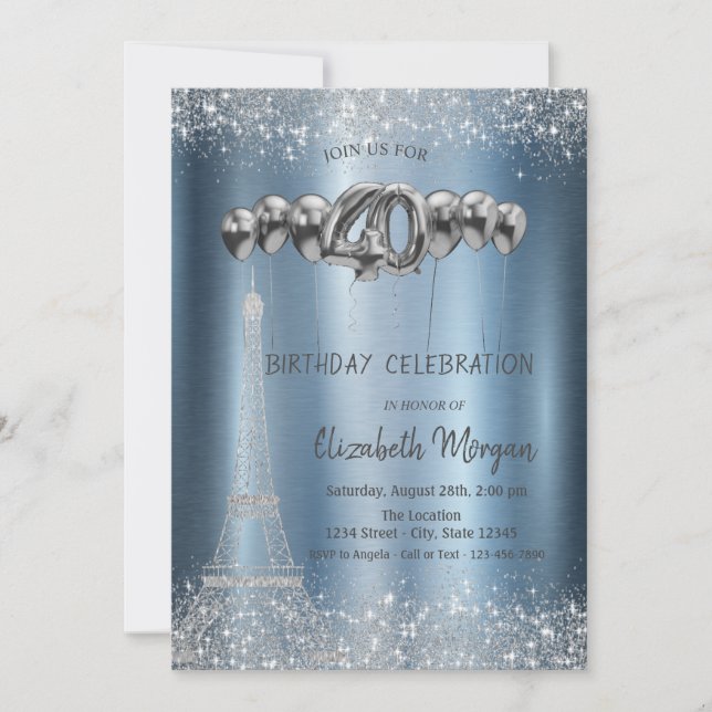 Glitter Tower Confetti Balloons Blue Metallic 40th Invitation (Front)