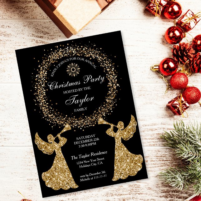 Glitter Trumpeting Angel Christmas Corporate Party Invitation (Creator Uploaded)