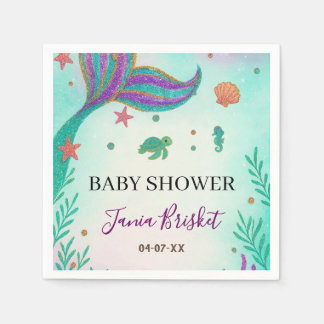 Glitter Turquoise Mermaid Baby Shower Napkin