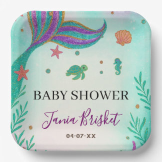 Glitter Turquoise Mermaid Baby Shower Paper Plate