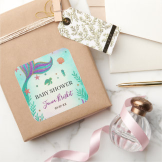 Glitter Turquoise Mermaid Baby Shower Square Sticker