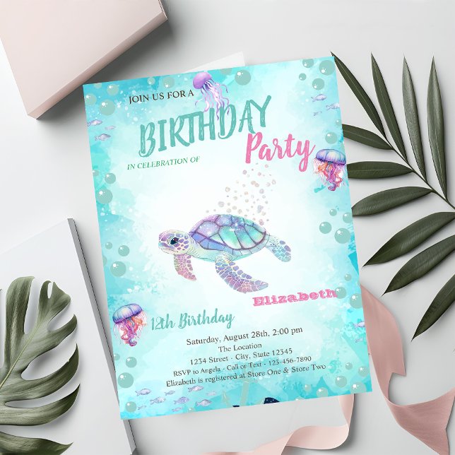 Glitter Turtle Sea Summer Birthday Party  Invitation (Creator Uploaded)