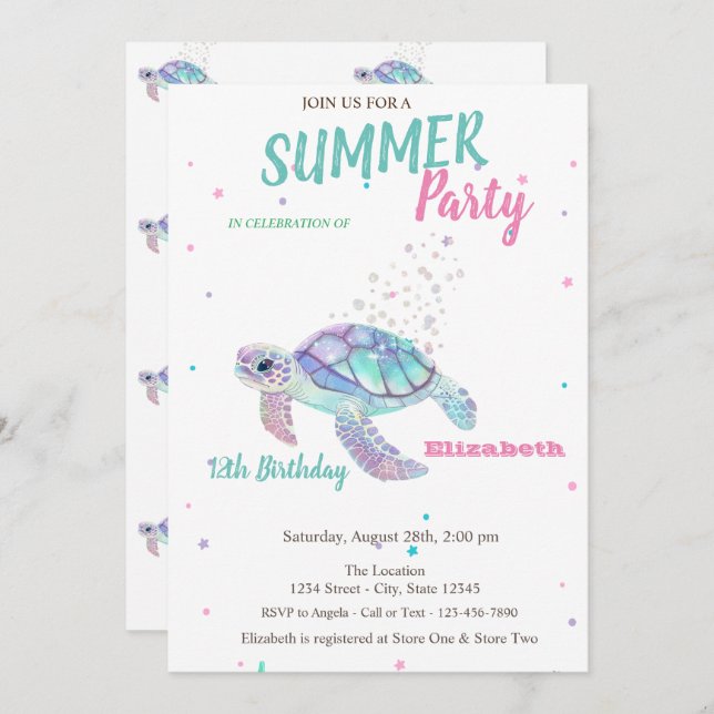 Glitter Turtle Summer Birthday  Invitation (Front/Back)