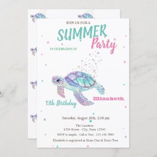 Glitter Turtle Summer Birthday Invitation