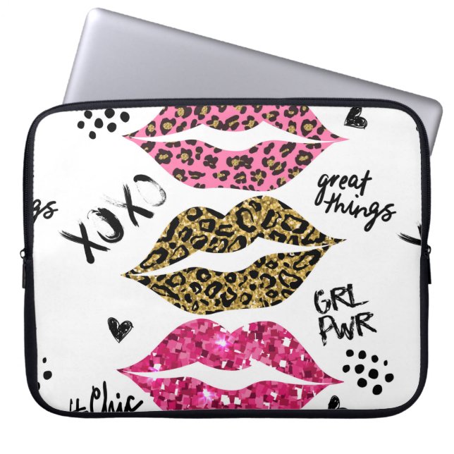 Glitter typography print with lips pattern laptop sleeve (Front)